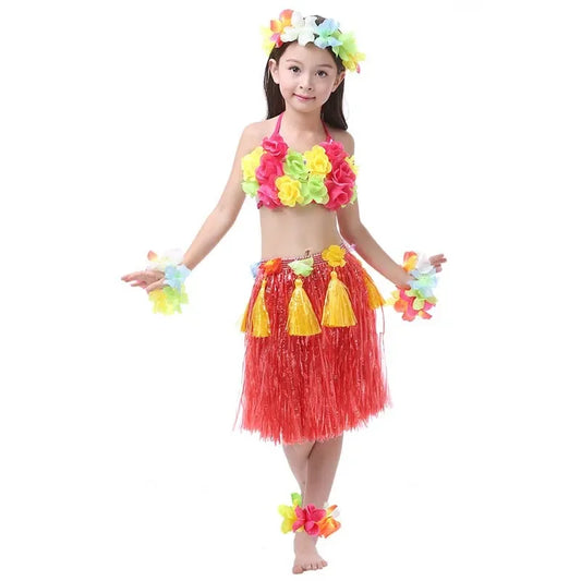Boy Girl's Elastic Hawaiian Hula Dancer Grass Skirt with Flower Wristband Necklace Bra Costume Party Favors Halloween Christmas