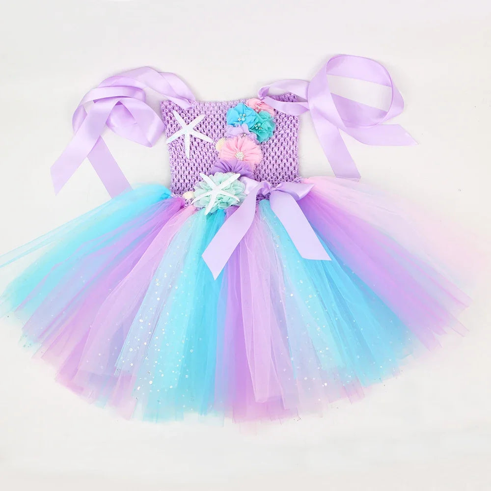 Princess Mermaid Dress for Girls Pastel Flowers Birthday Party Tutu Dresses Halloween Little Mermaid Costume for Kids Clothes