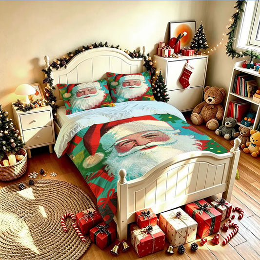 Christmas Duvet Cover Set 3Pcs Santa Claus Portrait Gift Tree Print Soft Microfiber Bedding with Pillowcases Decor
