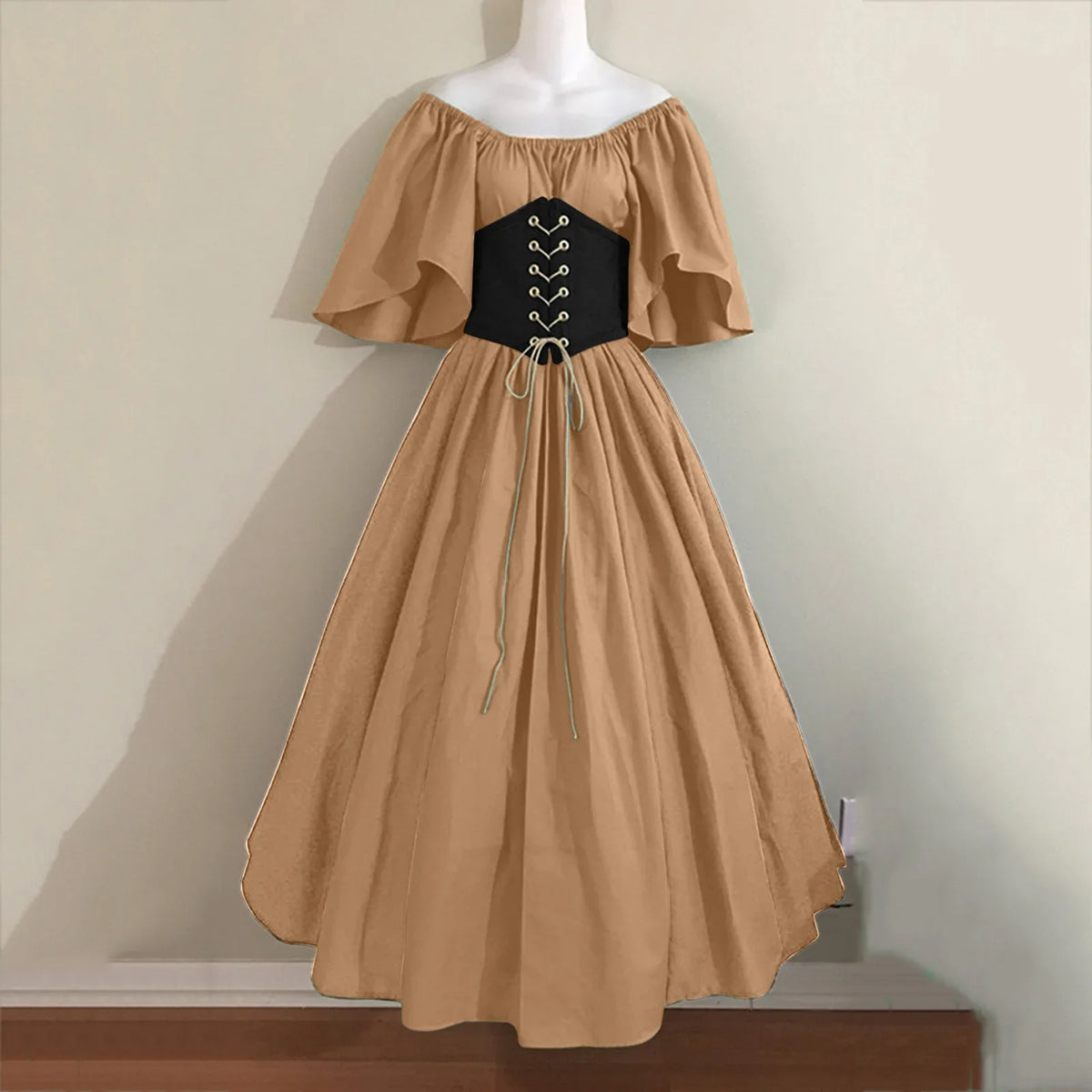 Halloween Costumes for Women Medieval Retro Contrasting Color Slim Swing Dress One-word Shoulder Dress Love Live Cosplay