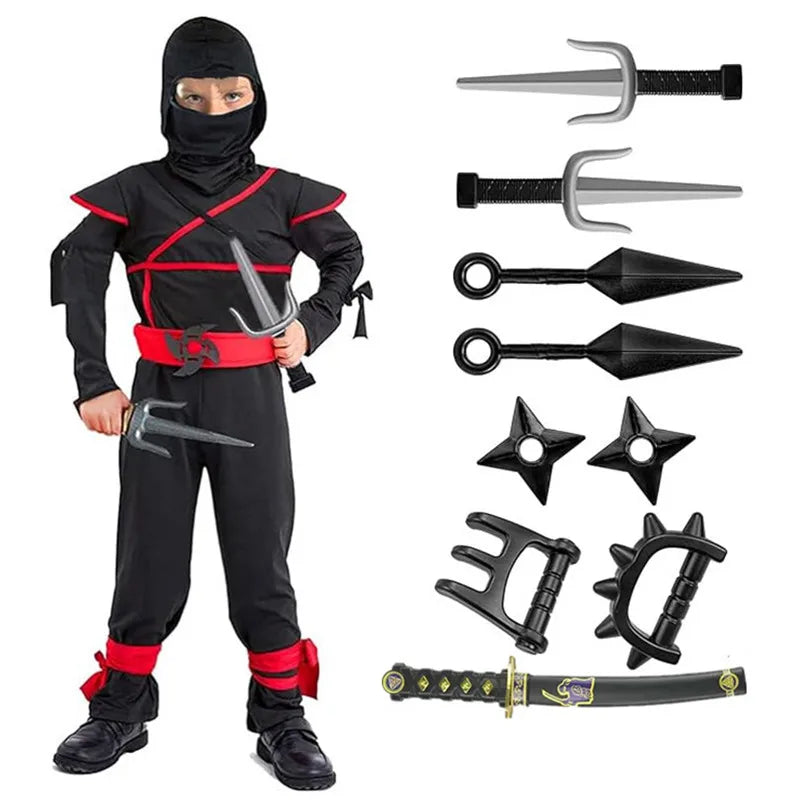 Ninja Samurai Costume Set for Child Halloween Cosplay with Sword Accessories Japanese Warrior Outfit New Year Performance Party