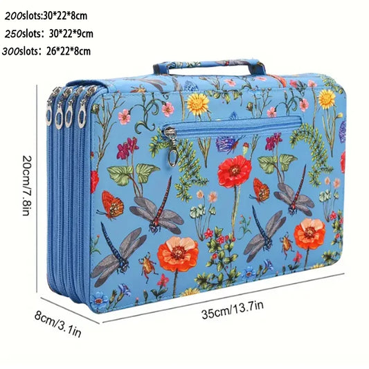 Vibrant Dragonfly and Floral Pencil Case—200/250/300 Hole Design, Durable Fabric Storage Bag, Suitable for Pencils, Markers, Scissors—Portable Office Art Supplies Organizer, Dragonfly Decoration, Art Supplies Storage, Colorful Illustrations, Sturdy Struct