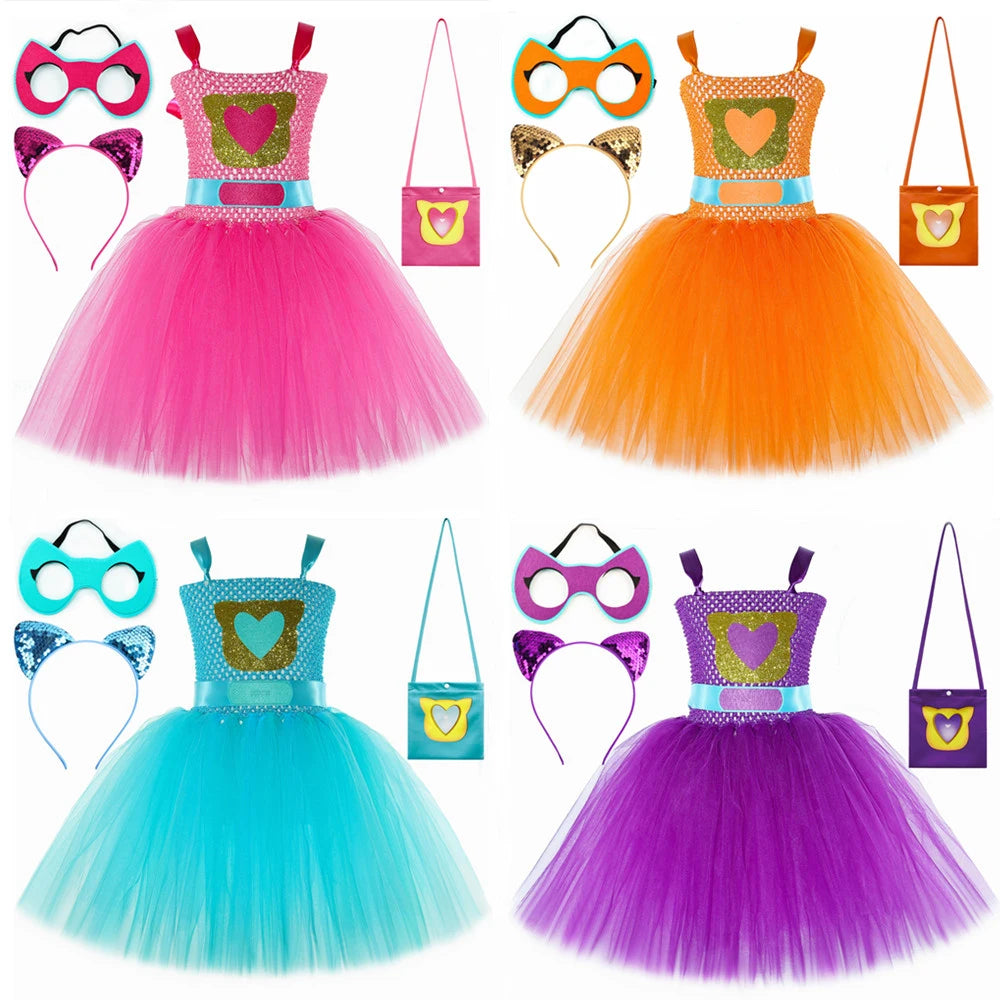 Girls Super Kitties Tutu Dress Costume Kids Halloween Cartoon Cat Costumes Girl Carnival Party Perform Princess Dress Up Clothes