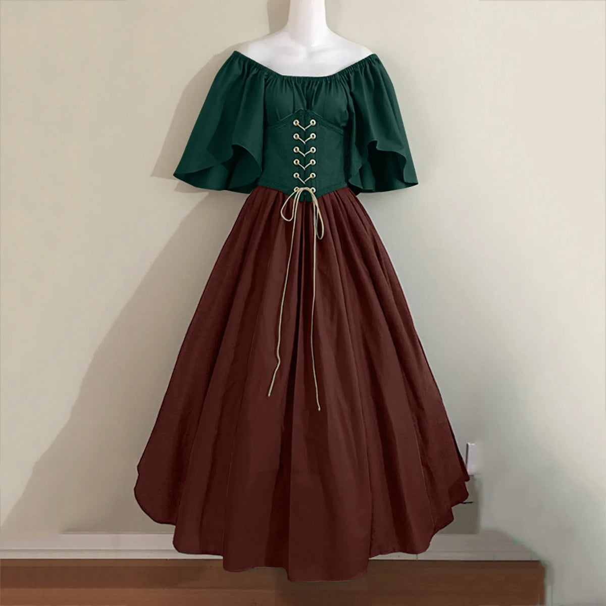 Halloween Costumes for Women Medieval Retro Contrasting Color Slim Swing Dress One-word Shoulder Dress Love Live Cosplay