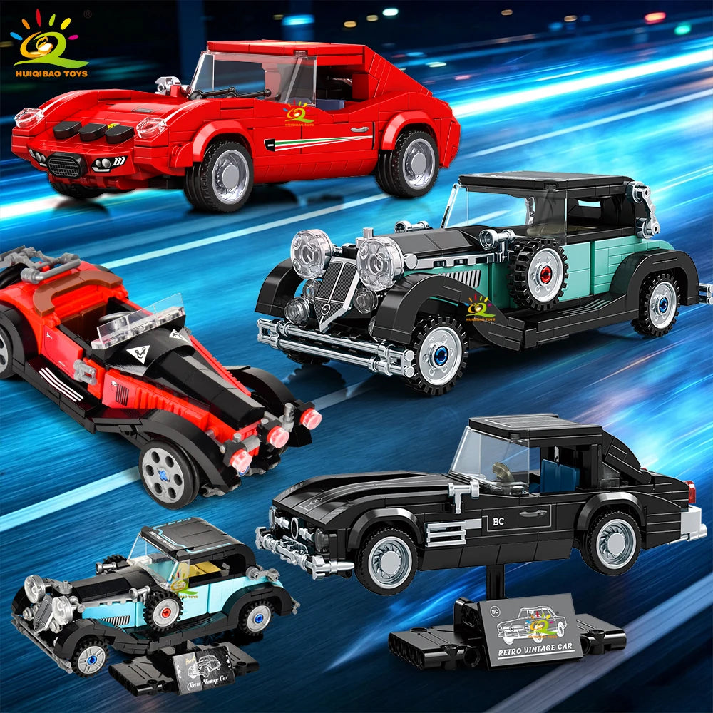 HUIQIBAO MOC Retro Racing Sports Car With Display Rack Building Blocks Set Classic City Racing Truck Model Bricks Kit Ornament